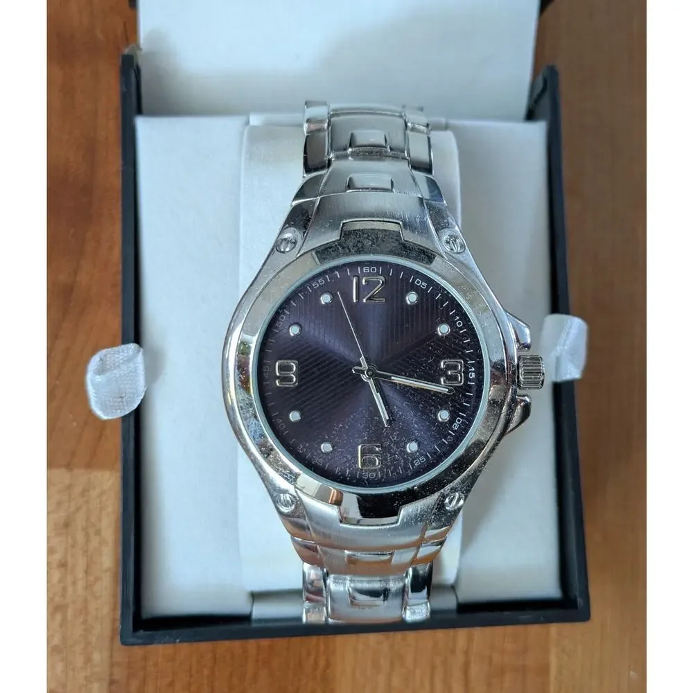 Kohls Stainless Steel Watch Silver Dial Quartz Bracelet Black Face New In Box